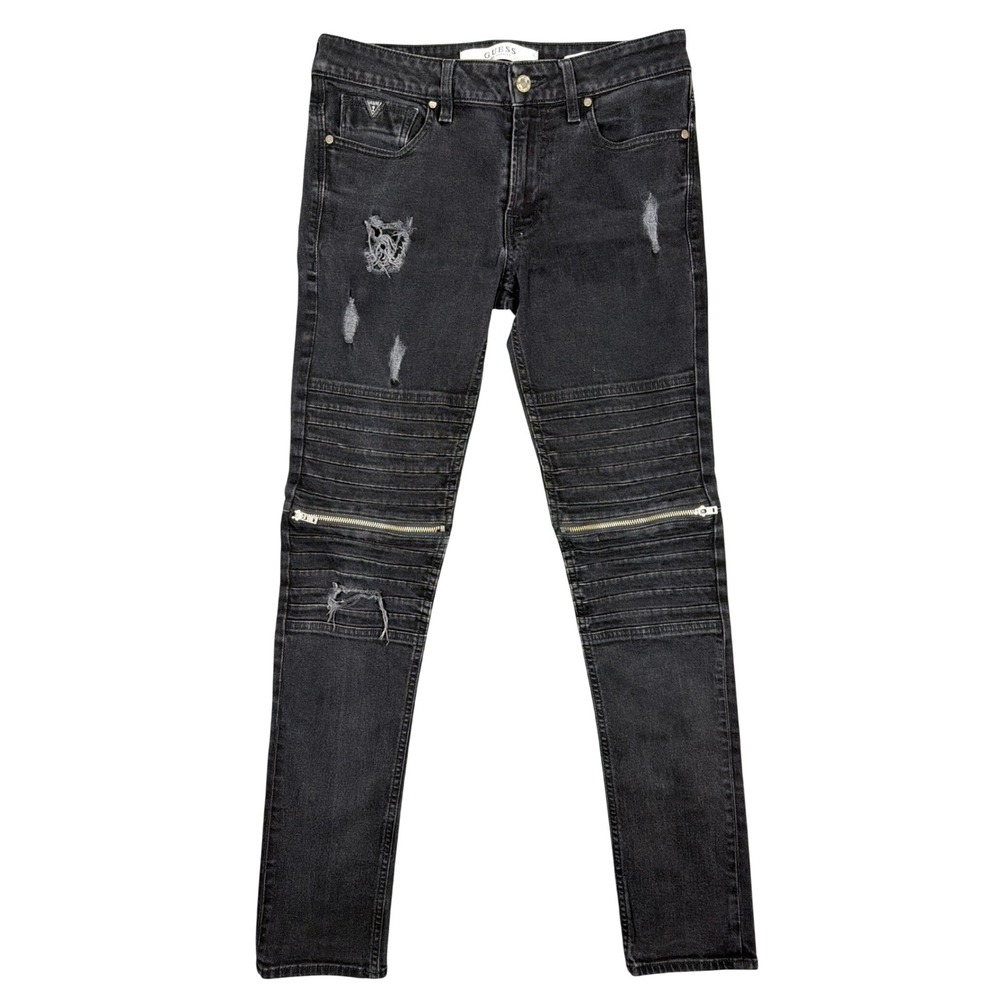 Guess Jeans Mens 31 M81AN3R1KB1 Black Distressed Moto Skinny Denim Pants